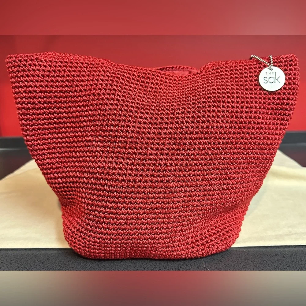 The Sak Red Crochet Hobo Double Strap Shoulder Bag Nice Size 9”x7”x7”